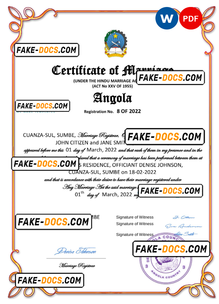 Angola marriage certificate Word and PDF template, completely editable