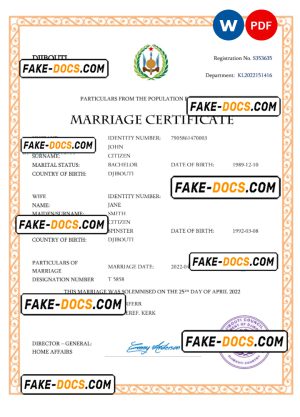 Djibouti marriage certificate Word and PDF template, fully editable