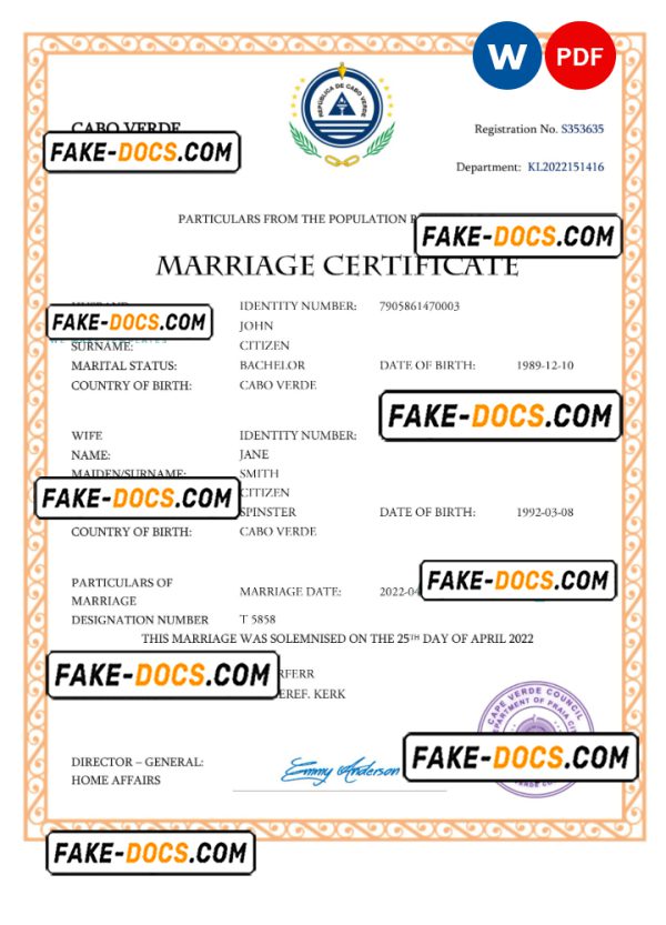 Cabo Verde marriage certificate Word and PDF template, completely editable