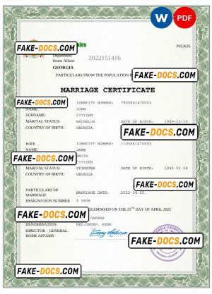 Georgia marriage certificate Word and PDF template, fully editable