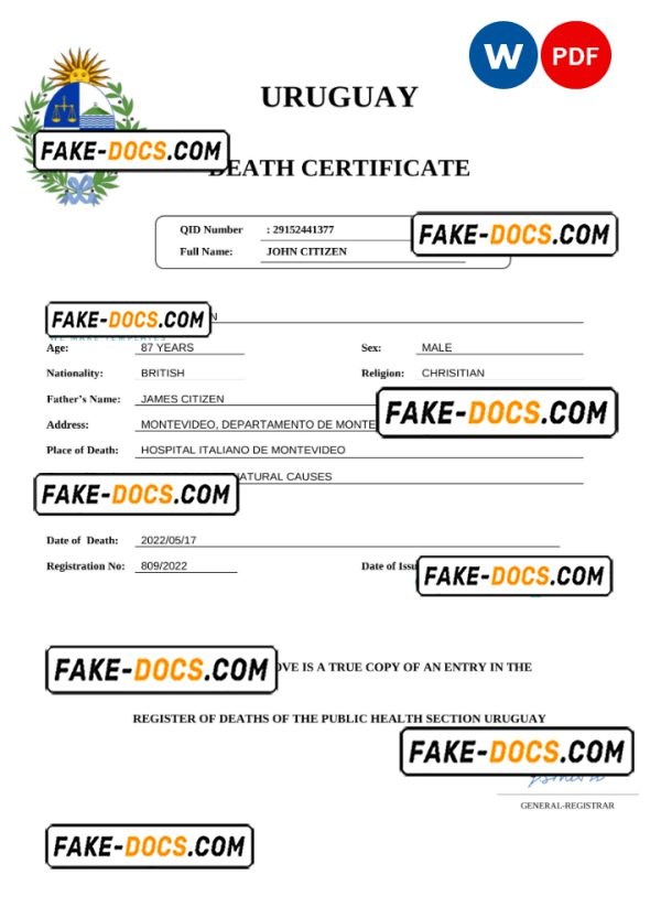 Uruguay death certificate Word and PDF template, completely editable