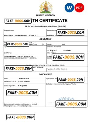 United Kingdom vital record death certificate Word and PDF template United Kingdom vital record death certificate Word and PDF template