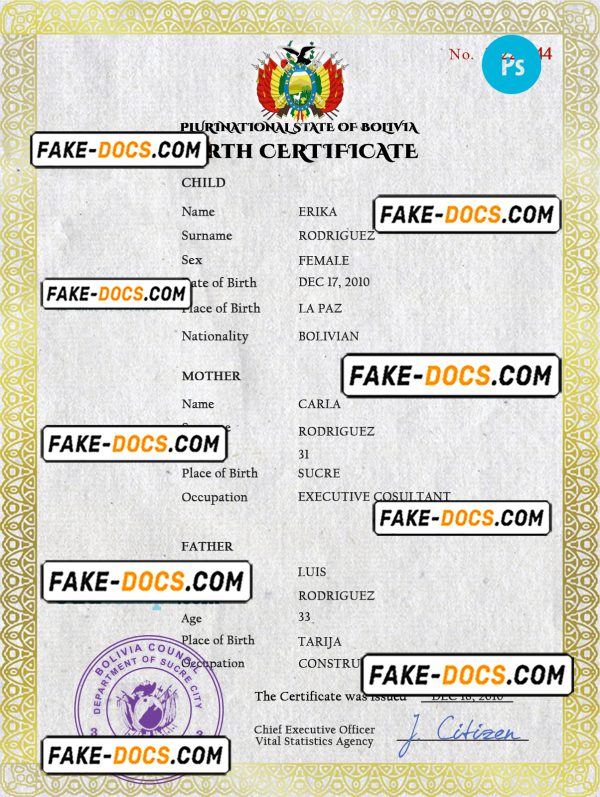 Bolivia vital record birth certificate PSD template, completely editable