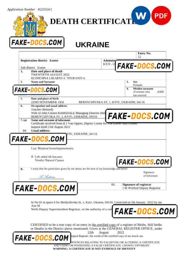 Ukraine death certificate Word and PDF template, completely editable