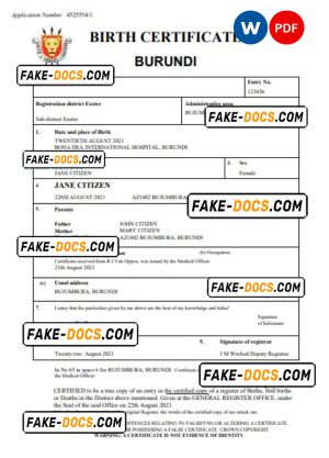 Burundi vital record birth certificate Word and PDF template, completely editable