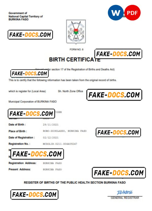 Burkina Faso birth certificate Word and PDF template, completely editable