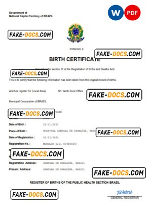 Brazil vital record birth certificate Word and PDF template, completely editable