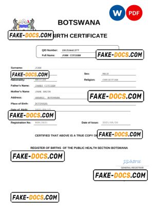 Botswana birth certificate Word and PDF template, completely editable