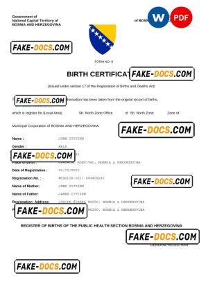 Bosnia and Herzegovina vital record birth certificate Word and PDF template, fully editable