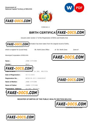 Bolivia vital record birth certificate Word and PDF template