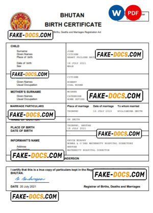 Bhutan vital record birth certificate Word and PDF template, completely editable