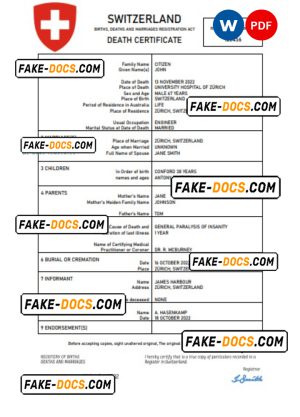 Switzerland vital record death certificate Word and PDF template Switzerland vital record death certificate Word and PDF template