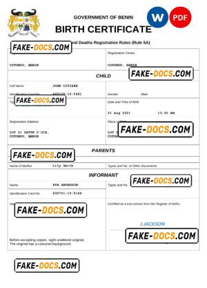 Benin birth certificate Word and PDF template, completely editable