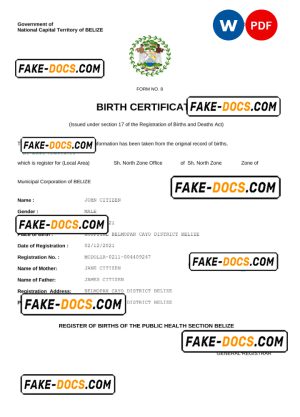 Belize vital record birth certificate Word and PDF template, fully editable