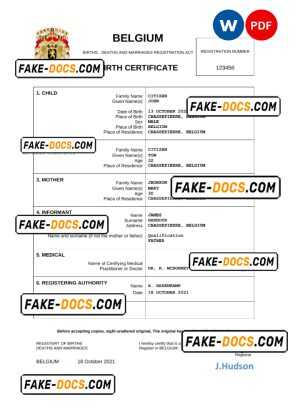 Belgium vital record birth certificate Word and PDF template