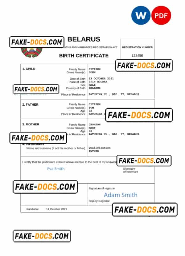 Belarus vital record birth certificate Word and PDF template, completely editable