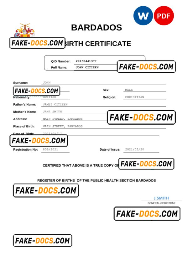 Barbados birth certificate Word and PDF template, completely editable