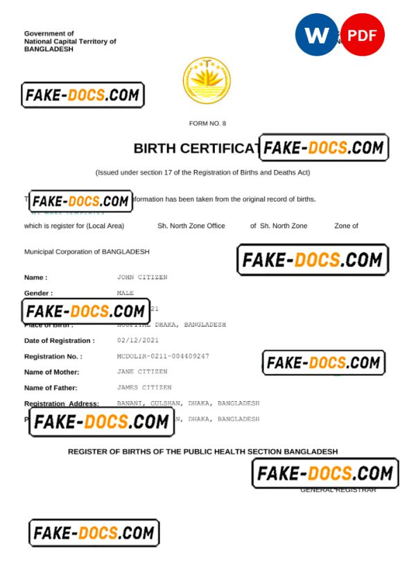 Bangladesh vital record birth certificate Word and PDF template, fully editable