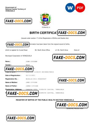 Venezuela vital record birth certificate Word and PDF template, completely editable Venezuela vital record birth certificate Word and PDF template, completely editable
