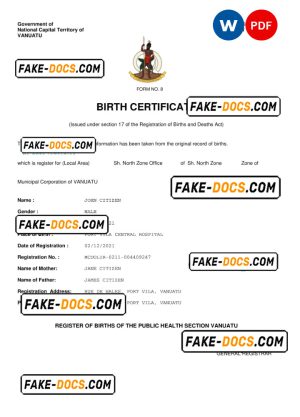 Vanuatu birth certificate Word and PDF template, completely editable Vanuatu birth certificate Word and PDF template, completely editable