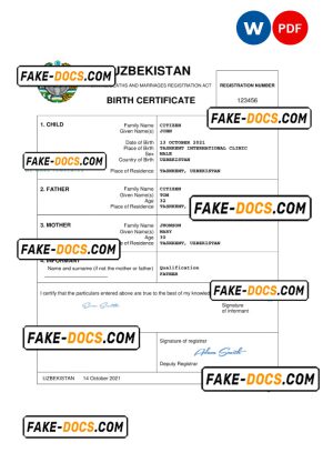 Uzbekistan vital record birth certificate Word and PDF template, completely editable Uzbekistan vital record birth certificate Word and PDF template, completely editable