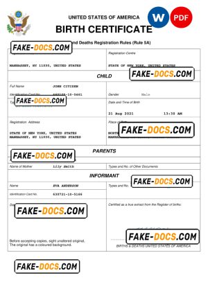 USA birth certificate Word and PDF template, completely editable USA birth certificate Word and PDF template, completely editable