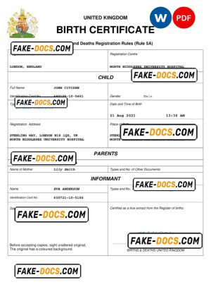 United Kingdom vital record birth certificate Word and PDF template, completely editable United Kingdom vital record birth certificate Word and PDF template, completely editable