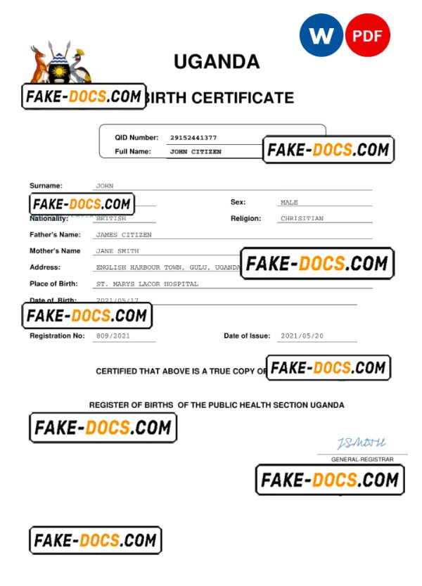 Uganda birth certificate Word and PDF template, completely editable