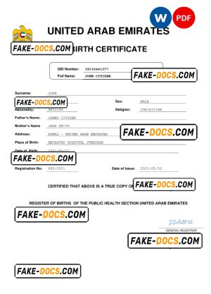 United Arab Emirates vital record birth certificate Word and PDF template, completely editable United Arab Emirates vital record birth certificate Word and PDF template, completely editable