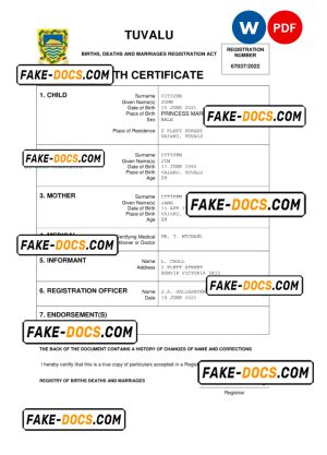 Tuvalu birth certificate Word and PDF template, completely editable Tuvalu birth certificate Word and PDF template, completely editable