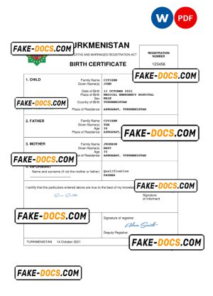 Turkmenistan vital record birth certificate Word and PDF template, completely editable Turkmenistan vital record birth certificate Word and PDF template, completely editable