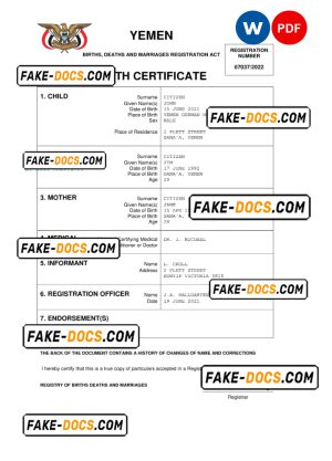 Yemen vital record birth certificate Word and PDF template, completely editable
