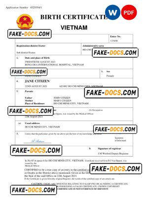 Vietnam birth certificate Word and PDF template, completely editable