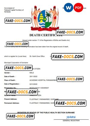 Suriname death certificate Word and PDF template, completely editable Suriname death certificate Word and PDF template, completely editable
