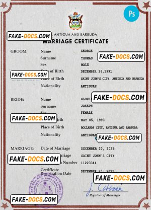 Antigua and Barbuda marriage certificate PSD template, completely editable