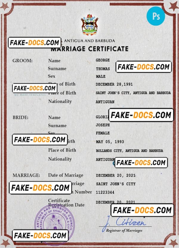 Antigua and Barbuda marriage certificate PSD template, completely editable