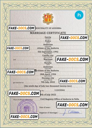 Andorra marriage certificate PSD template, completely editable