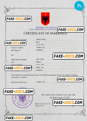 Albania marriage certificate PSD template, completely editable