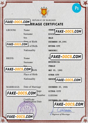 Burundi marriage certificate PSD template, completely editable