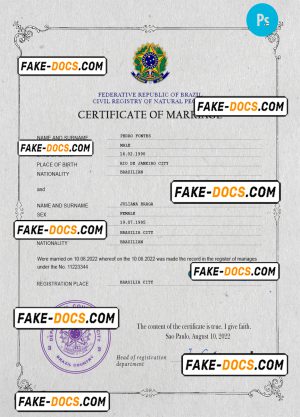 Brazil marriage certificate PSD template, completely editable