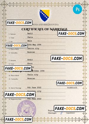 Bosnia and Herzegovina marriage certificate PSD template, completely editable