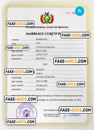 Bolivia marriage certificate PSD template, fully editable