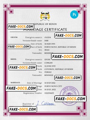 Benin marriage certificate PSD template, completely editable