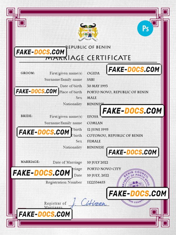 Benin marriage certificate PSD template, completely editable
