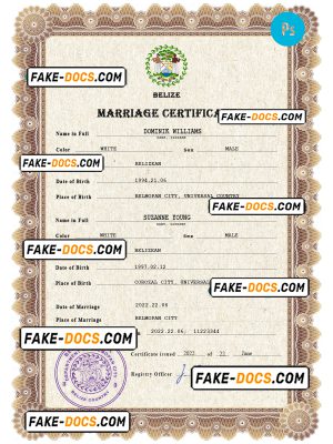 Belize marriage certificate PSD template, fully editable