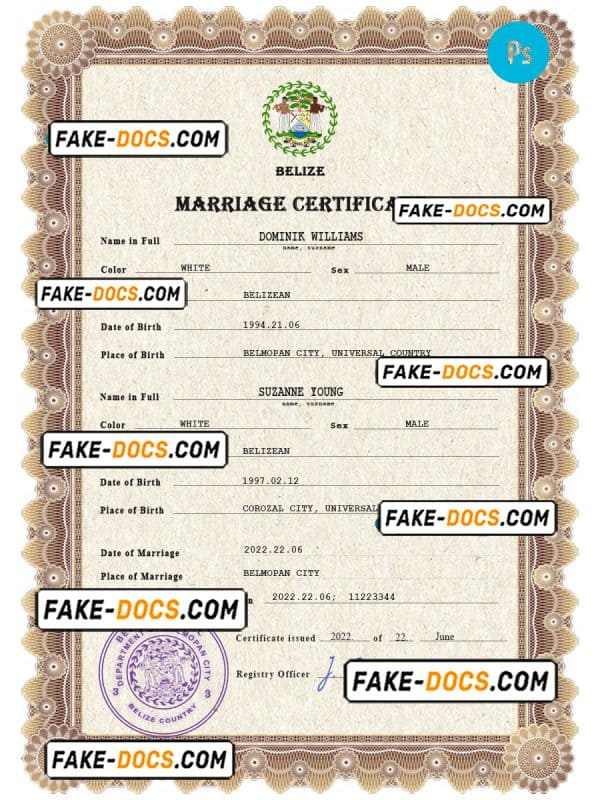 Belize marriage certificate PSD template, fully editable