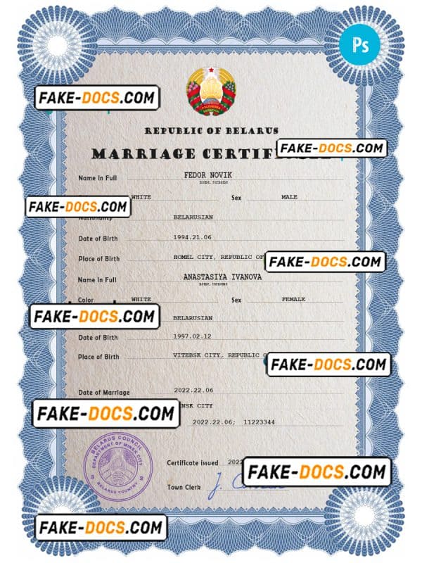 Belarus marriage certificate PSD template, fully editable