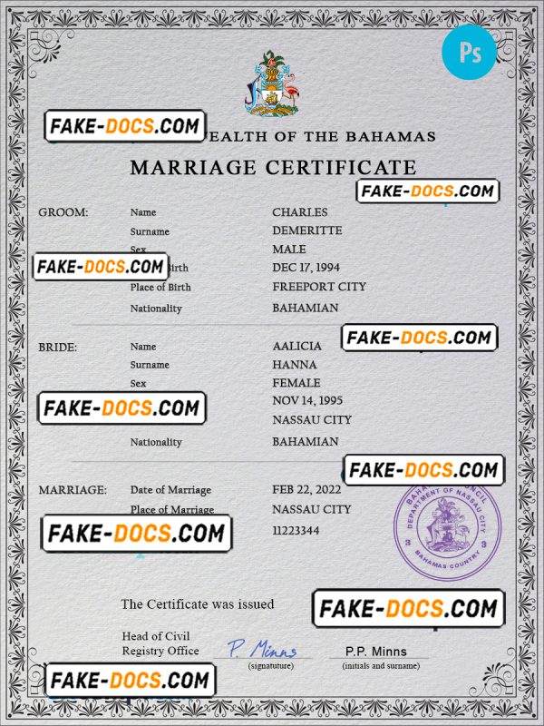 Bahamas marriage certificate PSD template, fully editable