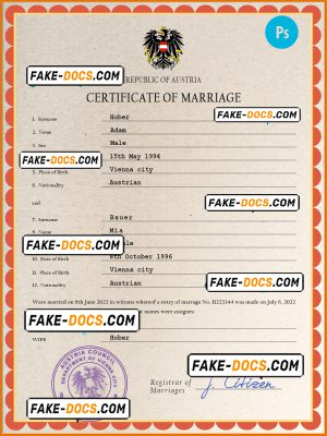 Austria marriage certificate PSD template, fully editable