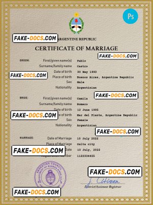 Argentina marriage certificate PSD template, fully editable